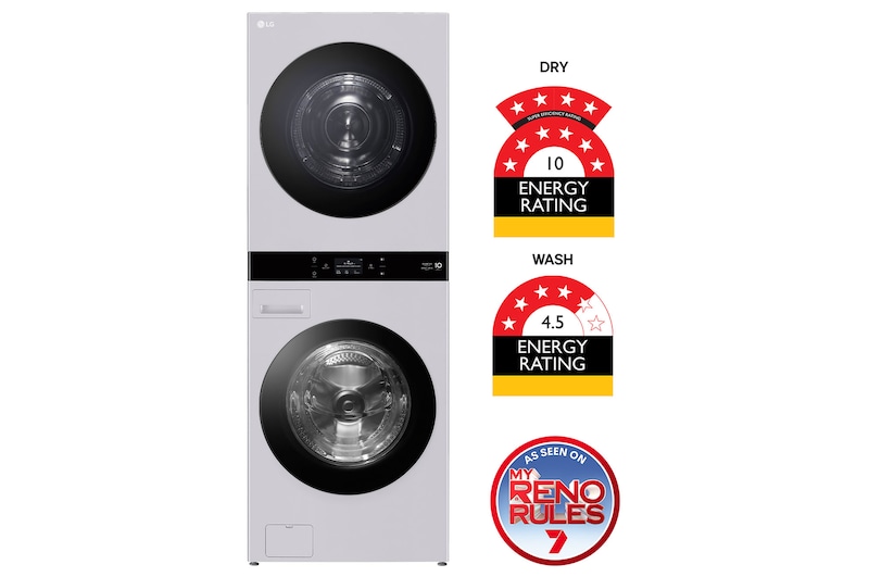 Front view of 19/10kg WashTower™ Stacked Washer Dryer Matte Grey WWT-1910GRX